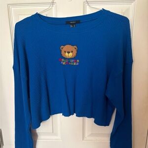 Forever 21 Blue Waffle Knit Top with Bear Embroidery Size Medium